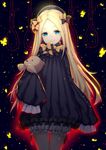  abigail_williams_(fate/grand_order) absurdres bangs black_background black_bow black_dress black_hat blonde_hair bloomers blue_eyes bow bug butterfly closed_mouth commentary_request dress eyebrows_visible_through_hair fate/grand_order fate_(series) forehead glowing hair_bow hat head_tilt highres insect jie_(530940004) long_hair long_sleeves looking_at_viewer noose object_hug orange_bow parted_bangs polka_dot polka_dot_bow sleeves_past_fingers sleeves_past_wrists smile solo stuffed_animal stuffed_toy teddy_bear underwear very_long_hair white_bloomers 