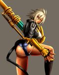  1girl ahoge arc_system_works artist_request ass belt blazblue breasts bullet_(blazblue) denim denim_shorts fingerless_gloves from_behind gloves jacket large_breasts leg_up looking_at_viewer orange_eyes platinum_blonde shiny shiny_hair shiny_skin short_hair short_shorts shorts sideboob solo 