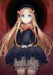  abigail_williams_(fate/grand_order) bad_id bad_pixiv_id bangs black_bow black_dress black_hat blonde_hair bloomers blue_eyes bow bug butterfly closed_mouth commentary dress fate/grand_order fate_(series) forehead hair_bow hat highres insect kakeku long_hair long_sleeves looking_at_viewer object_hug orange_bow parted_bangs polka_dot polka_dot_bow signature sleeves_past_fingers sleeves_past_wrists solo stuffed_animal stuffed_toy teddy_bear underwear very_long_hair white_bloomers 