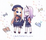  abigail_williams_(fate/grand_order) bags_under_eyes bangs black_bow black_dress black_footwear black_hat blonde_hair bloomers blue_eyes book bow bug butterfly chibi closed_mouth commentary_request dress eye_contact fate/grand_order fate_(series) footprints hair_bow hat hidari_yuuko holding_hands horn insect lavinia_whateley_(fate/grand_order) long_hair long_sleeves looking_at_another looking_at_viewer mary_janes multiple_girls object_hug orange_bow parted_bangs polka_dot polka_dot_background polka_dot_bow purple_eyes shoes sleeves_past_wrists smile standing star stuffed_animal stuffed_toy teddy_bear translation_request underwear very_long_hair whale white_background white_bloomers wide-eyed 