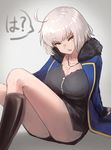  ahoge bangs black_footwear blue_jacket boots breasts cleavage commentary eyebrows_visible_through_hair fate/grand_order fate_(series) feet_out_of_frame fur_trim grey_background highres jacket jeanne_d'arc_(alter)_(fate) jeanne_d'arc_(fate)_(all) jewelry large_breasts long_sleeves looking_at_viewer necklace open_mouth raised_eyebrow sawawse short_hair silver_hair simple_background sitting slit_pupils solo speech_bubble wicked_dragon_witch_ver._shinjuku_1999 yellow_eyes 