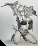  :o absurdres armpits arms_up ballpoint_pen_(medium) bangs between_breasts bird_tail bird_wings black_bra blonde_hair bra breasts colored_pencil_(medium) commentary elbow_gloves feathered_wings frilled_bra frills full_body gloves grey_eyes grey_hair grey_legwear grey_shirt grey_shorts grey_wings hair_ornament hairclip head_tilt head_wings highres kemono_friends kneeling large_breasts looking_back low_ponytail medium_hair multicolored_hair necktie necktie_between_breasts open_clothes open_shirt pantyhose pantyhose_under_shorts parted_lips saltnvalk shirt shoebill_(kemono_friends) shorts side_ponytail solo stomach tail traditional_media underwear white_neckwear wings 
