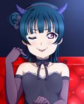  :p bangs bare_shoulders blue_hair blunt_bangs blush choker closed_mouth commentary couch demon_horns elbow_gloves fake_horns gloves hair_bun hair_ribbon hairband horns long_hair love_live! love_live!_sunshine!! one_eye_closed purple_eyes ribbon side_bun sleeveless smile smug sooki tongue tongue_out tsushima_yoshiko upper_body 