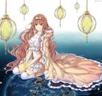  annabel-m breasts brown_cape brown_hair cape cleavage closed_mouth dress earth eyebrows_visible_through_hair fur_trim green_eyes holding_star large_breasts long_hair looking_at_viewer original planet seiza sitting smile solo space star star_(sky) thighhighs tiara twitter_username very_long_hair white_dress white_legwear 