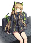  animal_ears arms_at_sides bag bangs black_jacket blush bow cat_ear_headphones cat_ears cat_tail character_name commentary_request covered_mouth eyebrows_visible_through_hair girls_frontline green_bow green_eyes head_tilt headphones highres jacket light_brown_hair long_hair long_sleeves looking_at_viewer seero sidelocks sitting sleeves_past_wrists solo tail tail_bow thigh_strap tmp_(girls_frontline) very_long_hair 