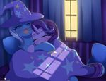  2017 bedding blanket cuddling duo equine eyes_closed female feral friendship_is_magic hair hat hooves horn inside mammal momomistress multicolored_hair multicolored_tail my_little_pony sleeping starlight_glimmer_(mlp) trixie_(mlp) two_tone_hair unicorn window wizard_hat 