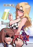  bikini blonde_hair breast_envy breasts checkered checkered_bikini cleavage commentary_request kiryuu_moeka large_breasts long_hair makise_kurisu misonou_hirokichi multiple_girls steins;gate swimsuit 