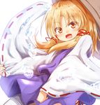  :d baram blonde_hair commentary_request hat long_hair long_sleeves looking_at_viewer moriya_suwako open_mouth purple_skirt sidelocks simple_background skirt smile solo thighhighs touhou water white_background white_legwear wide_sleeves yellow_eyes 