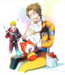  alternate_costume bag bespectacled blonde_hair brown_hair cat crossover fire glasses headset hitodama idolmaster idolmaster_side-m jibanyan maita_rui male_focus multiple_boys natsume_yuujinchou nyanko plastic_bag short_hair trait_connection yamashita_jirou youkai youkai_watch 