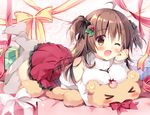  &gt;_&lt; ;d ahoge bangs between_breasts blush bow bowtie box breasts brown_eyes brown_hair chin_rest clenched_hand commentary_request feet_up gift gift_box grey_legwear hair_ornament hair_ribbon holly_hair_ornament large_breasts long_hair long_sleeves looking_at_viewer lying lying_on_object miniskirt no_shoes on_stomach one_eye_closed open_mouth original pan_(mimi) red_neckwear red_skirt ribbon shoulder_cutout skirt smile solo stuffed_animal stuffed_toy sweater teddy_bear thighhighs two_side_up white_sweater 