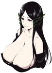  bangs bare_shoulders black_hair breasts cleavage closed_mouth collarbone detached_sleeves eyelashes hair_ornament hair_vines huge_breasts long_hair looking_afar mahou_tsukai_no_yome parted_bangs plant simple_background smile titania_(mahou_tsukai_no_yome) tomohiro_kai upper_body vines white_background 