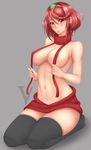  artist_name backless_outfit bare_arms bare_shoulders blush breasts dress earrings highres homura_(xenoblade_2) jewelry large_breasts looking_at_viewer meme_attire naked_sweater navel red_eyes red_hair short_hair simple_background smile solo sweater sweater_dress thighhighs tiara turtleneck turtleneck_sweater viracon virgin_killer_sweater xenoblade_(series) xenoblade_2 