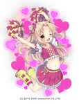  2015 ;d arms_up bangs blush bow breasts cheerleader crop_top crop_top_overhang eyebrows_visible_through_hair frilled_skirt frills full_body gothic_wa_mahou_otome hair_bow hair_intakes hair_ornament hair_scrunchie heart heart_background holding jumping leg_warmers light_brown_hair long_hair looking_at_viewer midriff nachiru navel official_art one_eye_closed open_mouth pink_bow pink_scrunchie pink_shirt pink_skirt pleated_skirt pom_poms red_eyes ribbon scrunchie shirt shoes short_sleeves sidelocks skirt small_breasts smile sneakers solo striped striped_bow very_long_hair white_background yellow_footwear yellow_legwear yellow_ribbon 