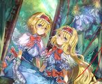  alice_margatroid alternate_hair_length alternate_hairstyle blonde_hair blue_eyes commentary doll dress dual_persona long_hair looking_at_viewer mirror mirror_twins multiple_girls reflection short_hair short_sleeves touhou vima 