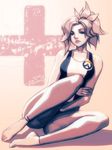  barefoot breasts commentary highres lips looking_at_viewer medium_breasts mercy_(overwatch) monochrome nose overwatch overwatch_(logo) pants ponytail robert_porter sepia sitting sleeveless solo spiked_hair striped tank_top toes vertical_stripes yoga_pants 