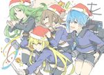  :d ;d belt black_legwear black_serafuku blonde_hair blue_eyes blue_hair brown_eyes brown_hair commentary_request crescent crescent_moon_pin depth_charge fumizuki_(kantai_collection) gift green_eyes green_hair grin hat holding holding_sack jacket kantai_collection long_hair low_twintails machinery minazuki_(kantai_collection) multiple_girls nagatsuki_(kantai_collection) ninimo_nimo one_eye_closed open_mouth remodel_(kantai_collection) rigging sack santa_hat satsuki_(kantai_collection) scarf school_uniform serafuku short_hair shorts simple_background smile thighhighs turret twintails yellow_eyes zettai_ryouiki 