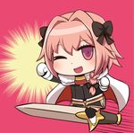  astolfo_(fate) black_bow blush bow braid chibi commentary_request fate/apocrypha fate/grand_order fate_(series) hair_intakes hair_ribbon long_hair looking_at_viewer male_focus michiyon multicolored_hair one_eye_closed open_mouth otoko_no_ko parody pink_hair purple_eyes ribbon riding riyo_(lyomsnpmp)_(style) single_braid solo streaked_hair style_parody 