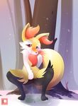  &lt;3 &lt;3_eyes ambiguous_fluids anthro b-epon bite braddo braixen canine crouching dripping female floof fur looking_at_viewer mammal melting nintendo pok&eacute;mon pok&eacute;mon_(species) pussy pussy_juice snow snowing solo tail_biting video_games 