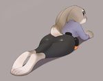  2016 anthro butt carrot_pen clothed clothing digital_media_(artwork) disney ears_down female fur fur_tuft grainy grey_background grey_fur hi_res judy_hopps junyoi lagomorph looking_at_viewer looking_back lying mammal on_front paws police_uniform pose purple_eyes rabbit rabbit_tail simple_background solo tuft uniform zootopia 
