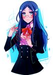  1girl blue_eyes blue_hair buttons danganronpa eyewear glasses huyandere jacket long_hair matching_hair/eyes new_danganronpa_v3 ribbon school_uniform shirogane_tsumugi shirt solo string suspenders uniform white_shirt 