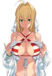  ahoge bangs bare_shoulders bikini_top blonde_hair bracelet braid breasts closed_mouth collarbone criss-cross_halter earrings fate/grand_order fate_(series) front-tie_top green_eyes hair_intakes hair_ribbon halterneck highres imigimuru jewelry large_breasts looking_at_viewer medium_hair navel nero_claudius_(fate)_(all) nero_claudius_(swimsuit_caster)_(fate) ribbon simple_background smile solo striped_bikini_top white_background 