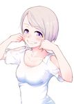  :d blush breasts cheek_pinching commentary_request eyebrows_visible_through_hair hands_up hi_iro highres looking_at_viewer medium_breasts open_mouth original pinching purple_eyes purple_hair shirt short_hair shoulder_cutout simple_background smile solo upper_body white_background white_shirt 