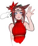  :3 animal_ears bare_arms bare_shoulders blue_eyes brown_hair cat_ears closed_mouth cropped_arms cropped_torso dress facial_tattoo final_fantasy final_fantasy_xiv hair_ornament hand_up highres light_blue_hair long_hair matilda_vin miqo'te red_dress simple_background sketch sleeveless slit_pupils smile solo sweater tattoo waving white_background 