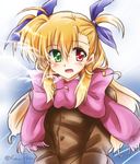  asymmetrical_bangs bangs blonde_hair blue_background blue_ribbon bow breath brown_coat coat eyebrows_visible_through_hair green_eyes hair_ribbon heterochromia large_bow long_hair long_sleeves looking_at_viewer lyrical_nanoha mahou_shoujo_lyrical_nanoha_vivid open_mouth pink_bow pink_scarf red_eyes ribbon san-pon scarf smile solo standing twitter_username two_side_up upper_body vivio 