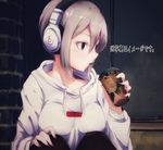  beats_by_dr._dre black_eyes commentary_request drinking drinking_straw grey_hair hair_between_eyes headphones highres idolmaster idolmaster_cinderella_girls knees_up nail_polish pantyhose red_nails ryuu. shiomi_shuuko short_hair sitting solo sweater white_sweater 