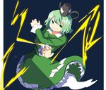  :d blue_background commentary crossed_arms dress ghost_tail green_dress green_eyes green_hair grin hat kapiten70 lightning open_mouth smile soga_no_tojiko solo tate_eboshi touhou v-shaped_eyebrows wavy_hair 