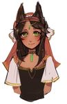  animal_ears blush brown_hair choker closed_mouth copyright_request cropped_torso dark_skin gem green_eyes highres looking_at_viewer matilda_vin medium_hair patreon_logo patreon_username short_sleeves simple_background smile solo turban upper_body white_background 