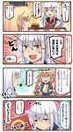  4koma :d blonde_hair blue_eyes blush breasts closed_eyes comic commentary_request elbow_gloves food front-tie_top fruit gangut_(kantai_collection) gloves hair_between_eyes hibiki_(kantai_collection) highres ido_(teketeke) iowa_(kantai_collection) kantai_collection kotatsu long_hair mandarin_orange multiple_girls no_hat no_headwear one_eye_closed open_mouth orange_eyes pipe pipe_in_mouth pointing red_shirt revision scar shaded_face shirt silver_hair smile smoking speech_bubble table translated v-shaped_eyebrows verniy_(kantai_collection) white_hair 