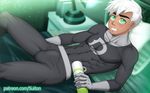  1boy bed bedroom bulge crotch danny_phantom dark_skin green_eyes lying male_focus pillow silver_hair solo suiton 