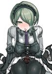  black_dress black_gloves blush breasts buttons clothed_sex cum danganronpa dress duo gloves green_eyes grey_hair hair_over_one_eye hairband headdress maid maid_headdress necktie new_danganronpa_v3 open_mouth pantyhose penis shoes short_hair tie toujou_kirumi 