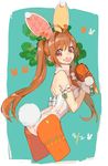  ahoge alternate_costume animal_ears arm_garter ass bangs bow brown_hair bunny_ears bunny_girl bunny_tail bunnysuit carrot carrot_print detached_collar eiyuu_densetsu estelle_bright fake_animal_ears food_print gloves hair_intakes highres leotard long_hair looking_at_viewer nishihara_isao open_mouth orange_legwear pantyhose protected_link red_eyes solo sora_no_kiseki strapless strapless_leotard tail twintails wrist_cuffs 