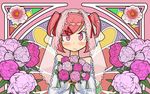  3: blush bridal_veil bride doki_doki_literature_club dress flower formal gloves hair_ornament hair_ribbon hairclip natsuki_(doki_doki_literature_club) pink_eyes pink_hair ribbon sen-jou solo two_side_up veil wedding_dress white_dress 