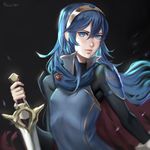  armor blue_armor blue_eyes blue_hair cape falchion_(fire_emblem) fire_emblem fire_emblem:_kakusei gloves highres long_hair looking_at_viewer lucina ragecndy simple_background solo sword tiara weapon 