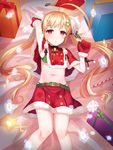  ahoge alternate_costume azur_lane bed bell bell_choker blonde_hair blush chihuri choker commentary_request eldridge_(azur_lane) gift gloves hair_ornament hairclip highres long_hair looking_at_viewer navel red_eyes santa_costume solo twintails 
