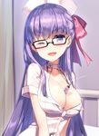  ;d bangs bb_(fate)_(all) bb_(fate/extra_ccc) bb_shot! between_breasts blurry blush breasts collarbone commentary_request curtains depth_of_field eyebrows_visible_through_hair fate/extra fate/extra_ccc fate_(series) glint hair_ribbon hat indoors infirmary large_breasts long_hair looking_at_viewer masuishi_kinoto nurse nurse_cap one_eye_closed open_mouth purple_eyes purple_hair purple_ribbon ribbon short_sleeves sidelocks smile solo syringe upper_body 