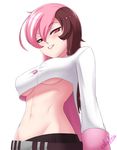  1girl bare_midriff belly_button belt blush breasts brown_hair brown_pants button cslucaris erect_nipples erect_nipples_under_clothes grin heterochromia long_hair looking_at_viewer looking_down medium_breasts midriff multicolored_hair navel neo_(rwby) pink_hair rwby seductive_eyes seductive_look seductive_smile seductive_stare signature simple_background solo standing toned underboob white_background white_jacket 