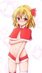  absurdres arm_grab blonde_hair capelet commentary_request cowboy_shot groin hair_ribbon highres looking_at_viewer microskirt midriff red_capelet red_eyes red_ribbon ribbon rumia santa_costume short_hair skirt skirt_tug solo teoi_(good_chaos) thighhighs touhou 