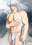  1boy abs crotch inuyasha log_hair male_focus muscle pecs silver_hair solo topless 