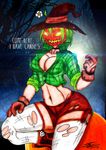 2017 absolute_territory big_breasts bluewolfavenger breasts choker cleavage clothed clothing female flower food forest fruit globves halloween hat hi_res holidays inviting jack_o&#039;lantern lantern legend monster nipple_bulge not_furry nude piercing plant pumpkin scarecrow solo text torn_clothing traditional_media_(artwork) tree x 