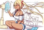  :d ^_^ bangs bare_shoulders bikini_tan blend_s blonde_hair blue_shorts blush breasts cleavage closed_eyes coffee_table collarbone collared_shirt commentary_request crop_top crossed_legs cup drinking_glass electric_fan eyebrows_visible_through_hair fan_speaking fanning_face fanning_self flower hair_between_eyes hair_flower hair_ornament hinata_kaho hiraga_matsuri hoshikawa_mafuyu ice ice_cube jitome large_breasts long_hair long_sleeves looking_at_another multiple_girls off_shoulder open_mouth partially_colored profile shirt short_hair short_shorts short_sleeves shorts sideways_mouth sitting sketch smile strap_slip sweat table tan tanline tied_shirt twintails very_long_hair white_shirt 