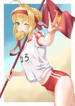  ahoge blonde_hair blush braid buruma closed_mouth commentary_request cowboy_shot fate/grand_order fate_(series) fingernails flag green_eyes hair_bun hair_intakes hand_up headband highres lips looking_at_viewer medal mouth_hold name_tag nero_claudius_(fate) nero_claudius_(fate)_(all) olympian_bloomers one_eye_closed pink_lips puffy_short_sleeves puffy_sleeves saruchitan shirt short_hair short_sleeves smile solo standing v white_shirt 
