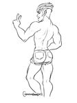  1boy ass genji_(overwatch) looking_at_viewer male_focus overwatch smile solo topless v 