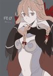  bow braid brown_eyes brown_hair cape effie_(fire_emblem) fire_emblem fire_emblem_echoes:_mou_hitori_no_eiyuuou hair_bow ijiro_suika long_hair simple_background solo twin_braids twitter_username 