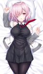  arm_up bare_shoulders bed beeyan black_dress black_legwear breasts collared_dress commentary_request cowboy_shot dress eyebrows_visible_through_hair eyes_visible_through_hair fate/grand_order fate_(series) fine_fabric_emphasis from_above grey_jacket hair_over_one_eye half-closed_eyes hand_up highres jacket large_breasts long_sleeves looking_at_viewer lying mash_kyrielight necktie off_shoulder on_back on_bed open_clothes open_jacket pantyhose parted_lips pillow pink_eyes pink_hair red_neckwear shiny shiny_hair short_hair sleeveless sleeveless_dress solo taut_clothes taut_dress 