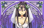  :d bare_shoulders black_hair bridal_veil bride choker doki_doki_literature_club dress elbow_gloves fingerless_gloves flower formal gloves hair_flower hair_ornament long_hair open_mouth purple_eyes sen-jou smile solo strapless strapless_dress veil wedding_dress white_dress white_gloves yuri_(doki_doki_literature_club) 