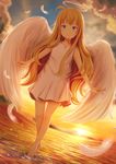  1girl :/ ahoge angel angel_wings blonde_hair blue_eyes cloud dress droplets dutch_angle feathers floating full_body gabriel_dropout halo highres kirimatsu long_hair looking_at_viewer outstretched_arms sky solo sunset tenma_gabriel_white walking walking_on_liquid water white_dress wings 